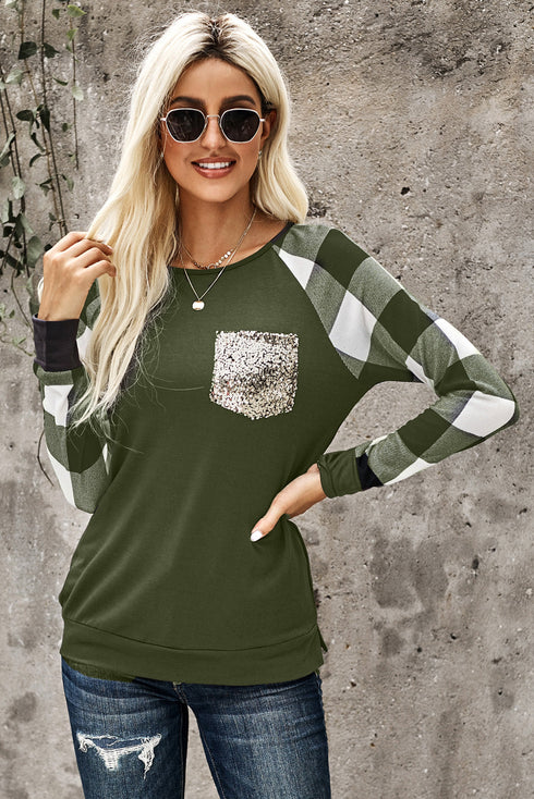 Plaid Splicing Sequined Pocket Long Sleeve Top